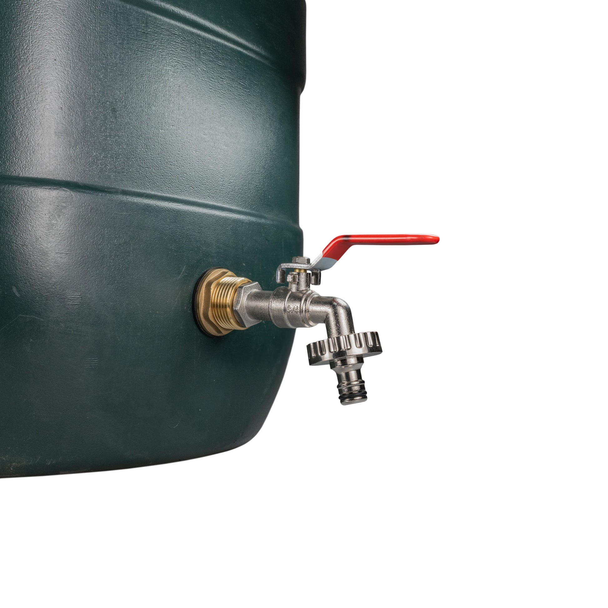 Water butt tap with red lever fitted to tank outlet with brass inlet thread