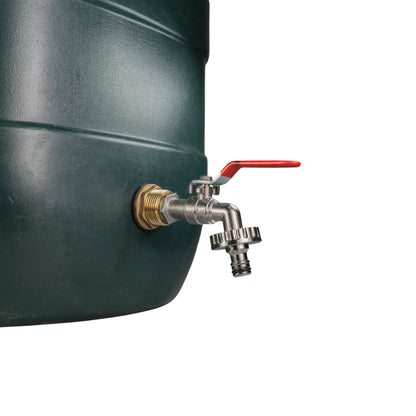 Water butt tap with red lever fitted to tank outlet with brass inlet thread
