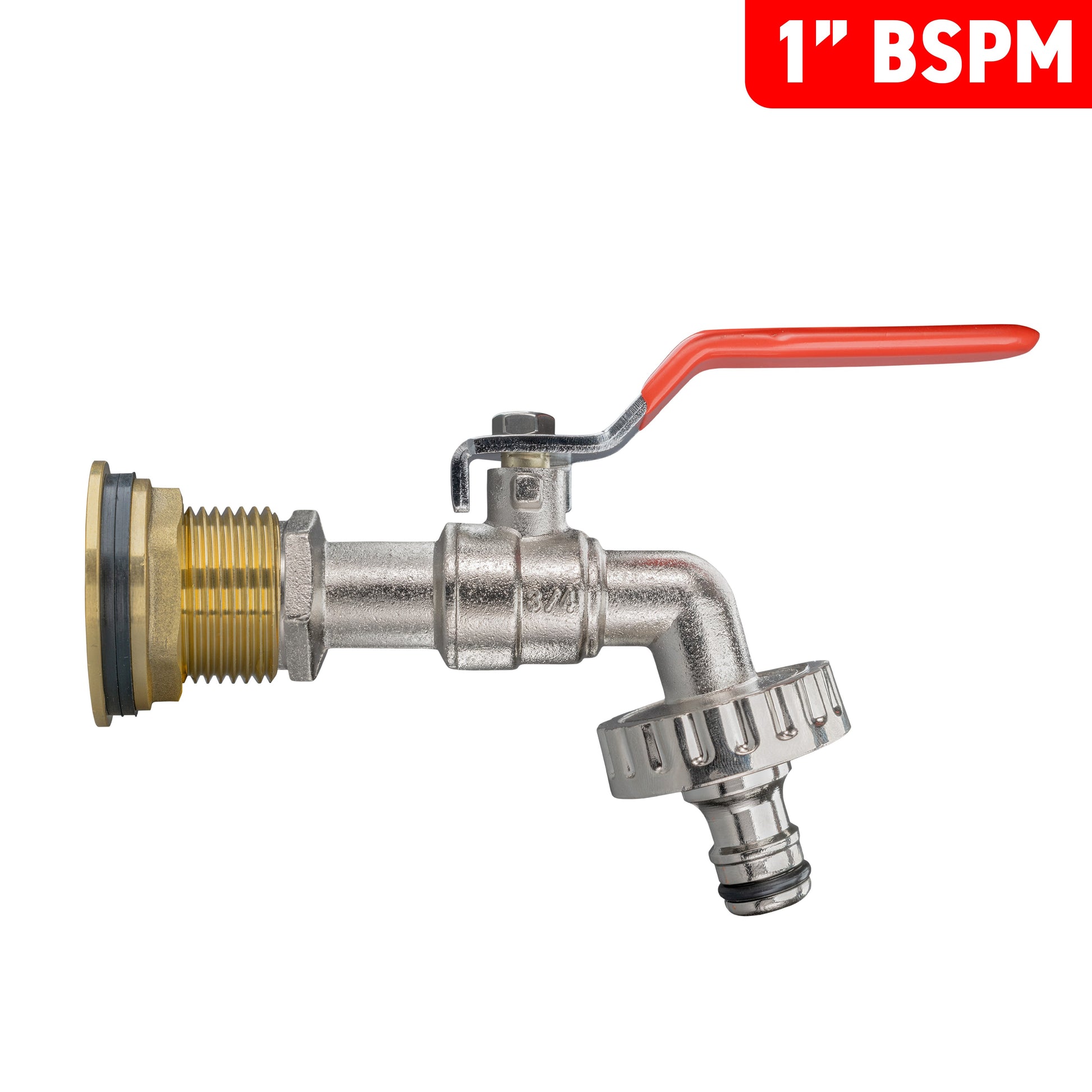 Water butt brass tap kit with red lever handle and 1" BSPM inlet connection