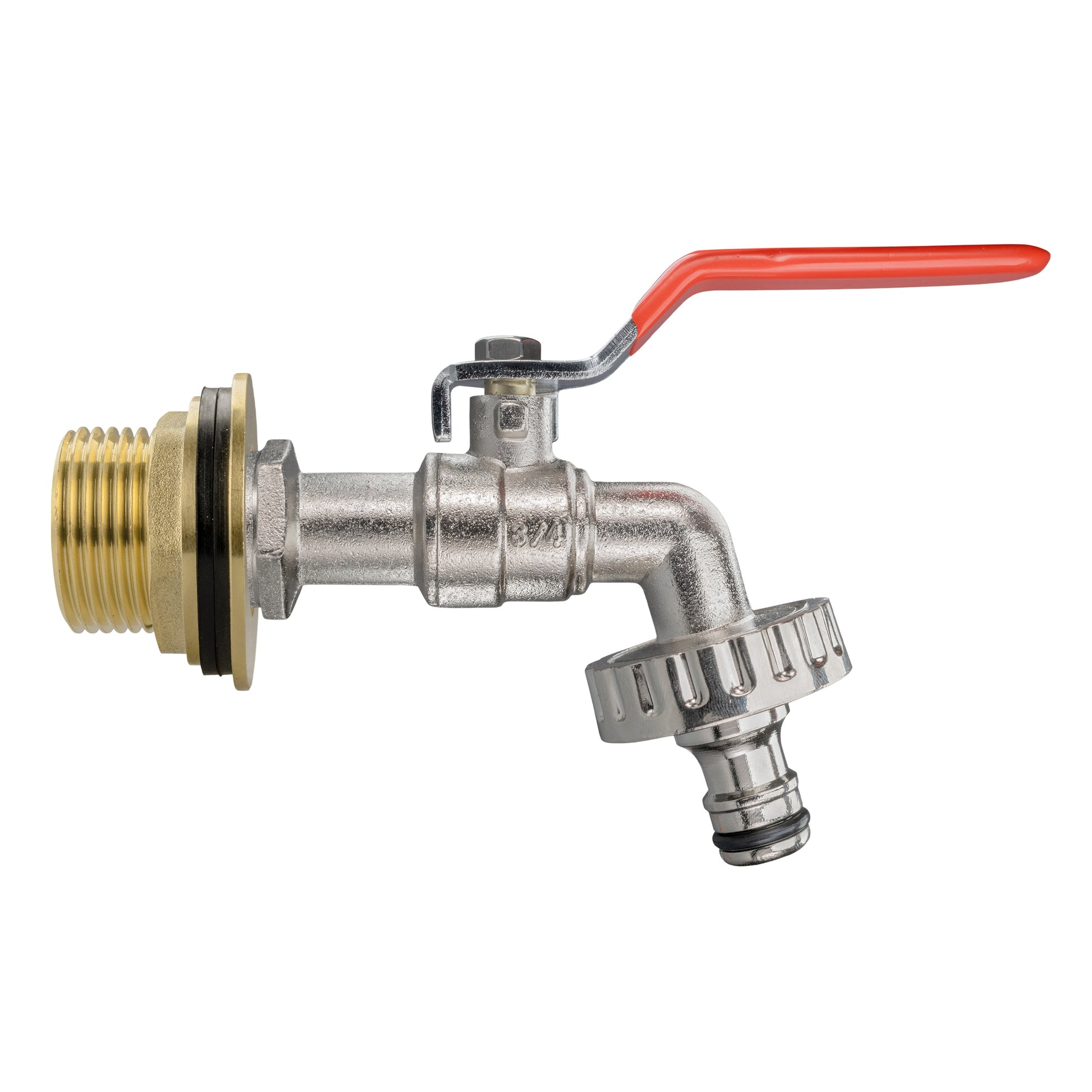Water butt tap with red lever and side outlet with strainer fitting