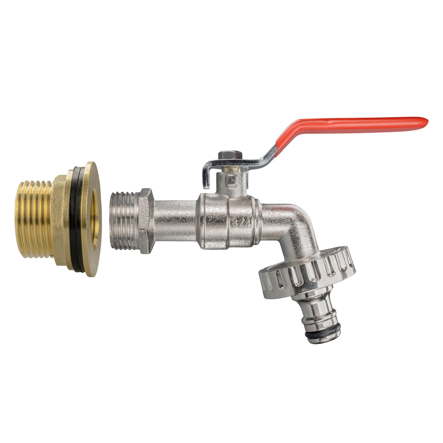 Water butt tap with red lever, brass inlet thread and ribbed outlet hose connector
