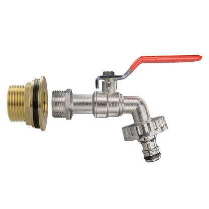 Water butt tap with red lever, brass inlet thread and ribbed outlet hose connector