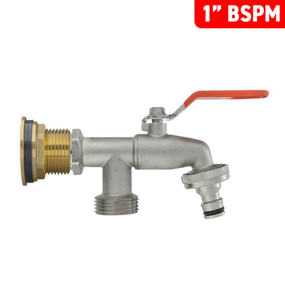 Water butt double-tap brass kit, red lever, 1" BSPM fittings