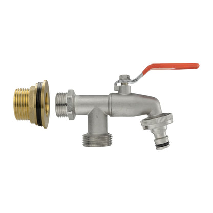 Water butt brass kit 1" double tap with orange handle, two side connections