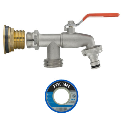 Brass water butt double-tap kit with included PTFE tape roll