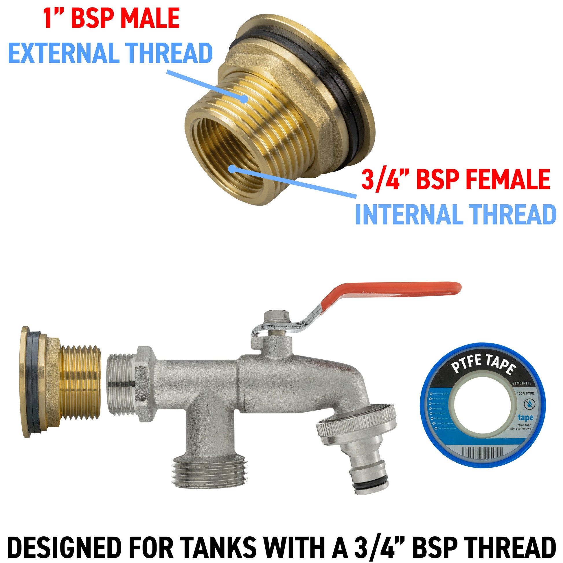 Water butt brass kit thread adapter: 1" BSP male, 3/4" BSP female
