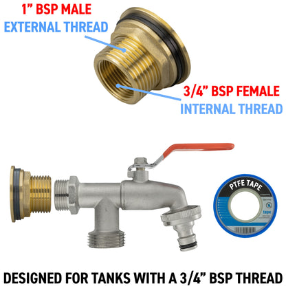 Water butt brass kit thread adapter: 1" BSP male, 3/4" BSP female