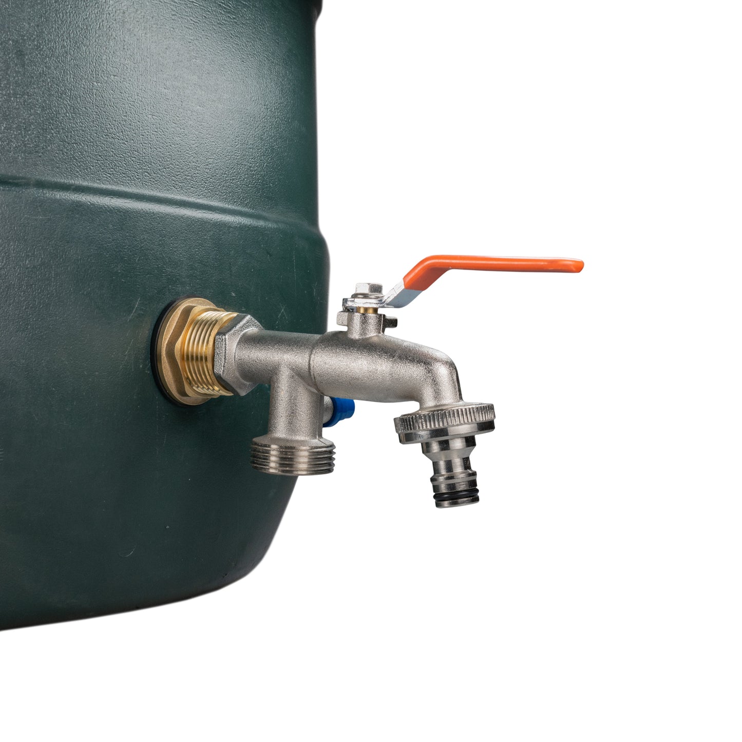 Water butt brass kit 1" double tap on tank: brass inlet, orange lever, knob