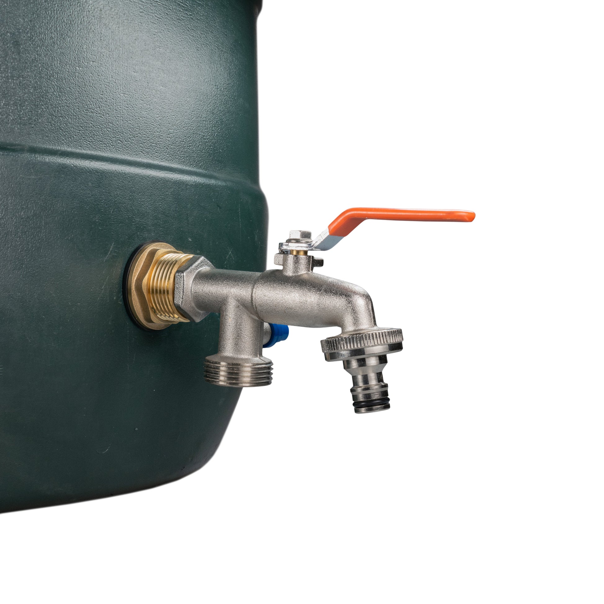 Water butt brass kit 1" double tap on tank: brass inlet, orange lever, knob