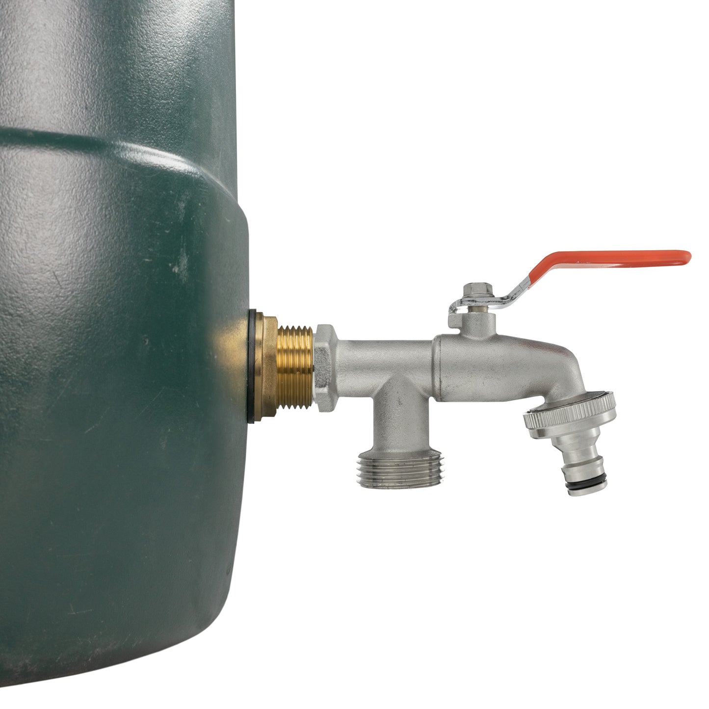 Water butt brass kit 1" double tap fitted to tank with orange lever