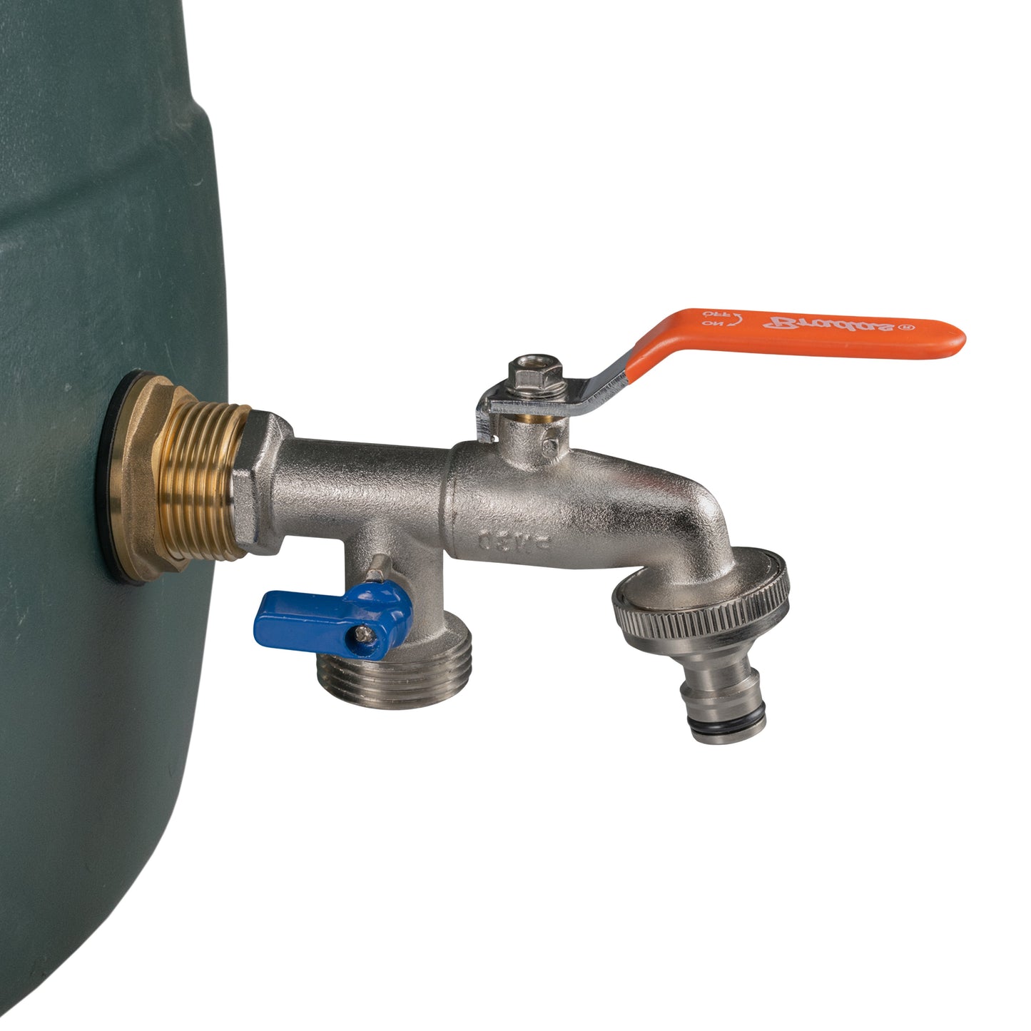 Water butt brass kit 1" double tap close-up with blue and orange lever