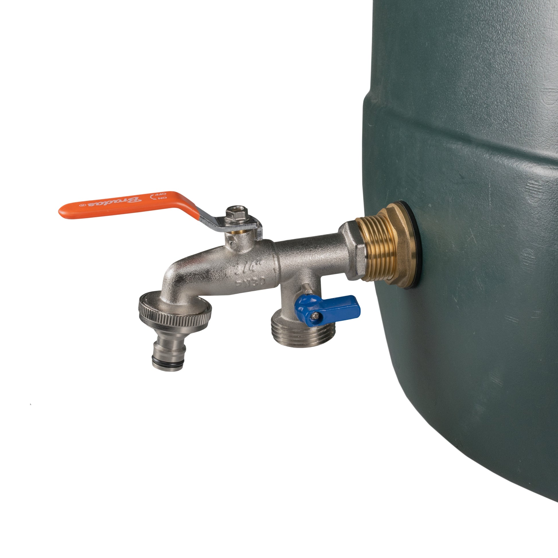 Water butt brass kit 1" double tap with two angled spouts on tank