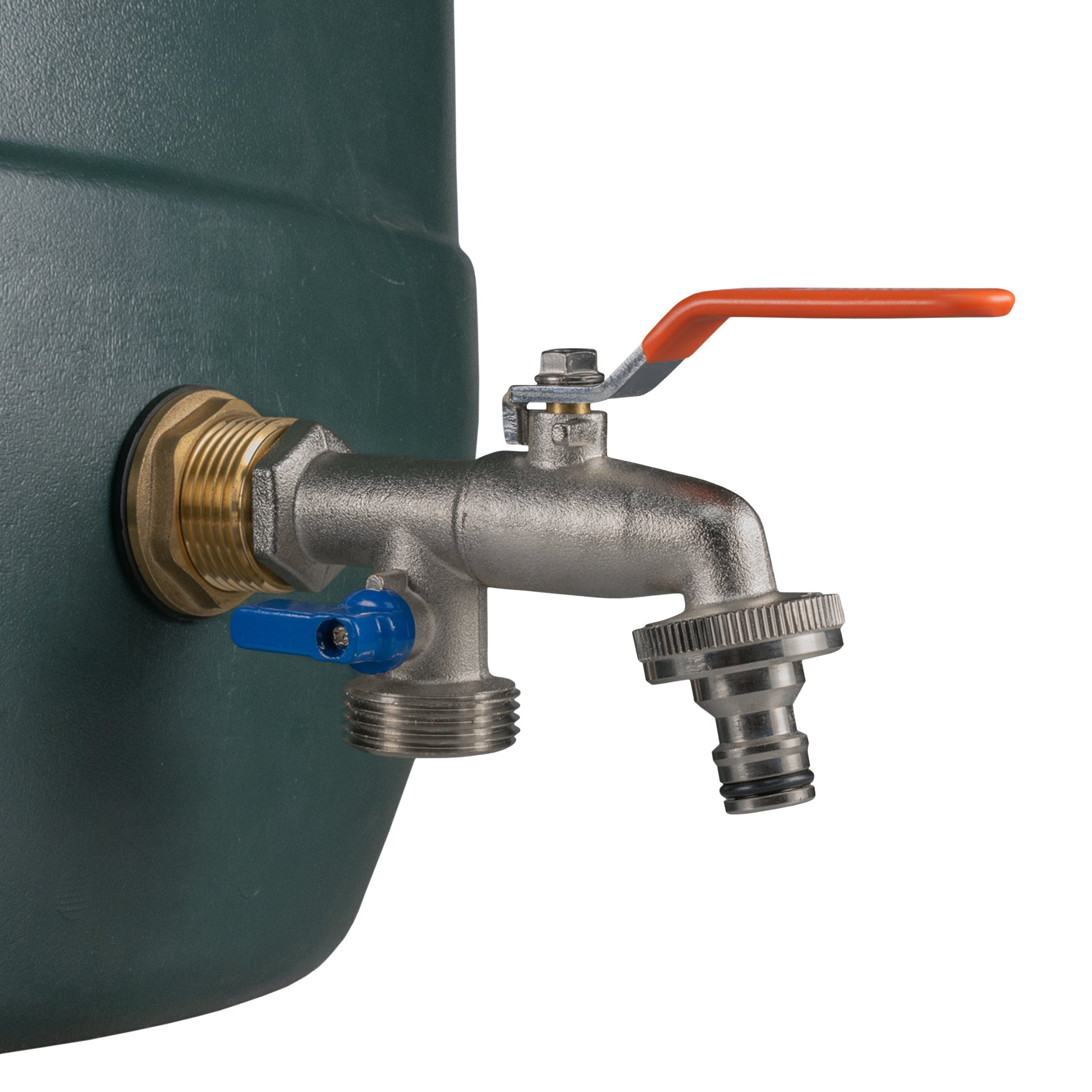 Water butt brass kit 1" double tap close-up: blue lever and orange handle