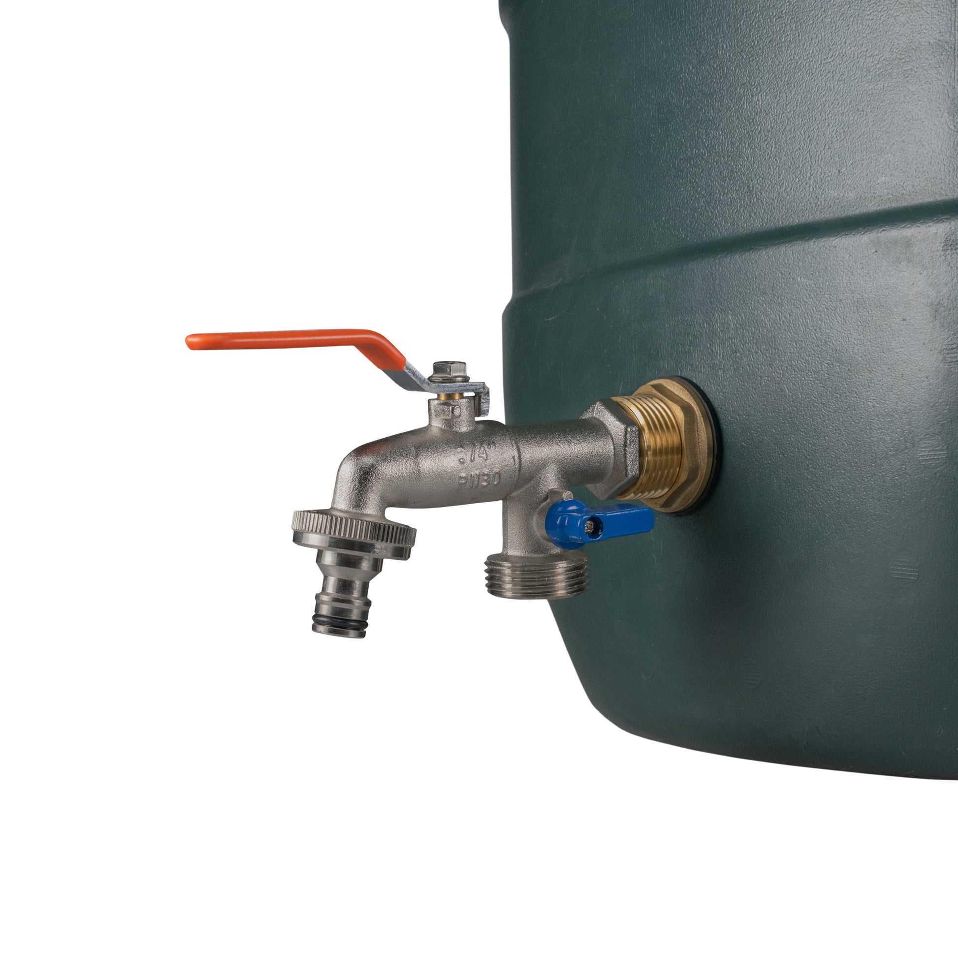 Water butt brass kit 1" double tap close-up: tank inlet and orange lever