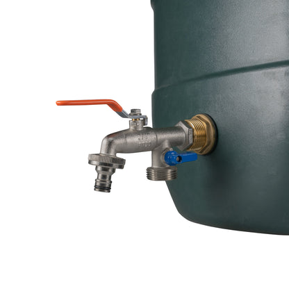 Water butt brass kit 1" double tap close-up: tank inlet and orange lever