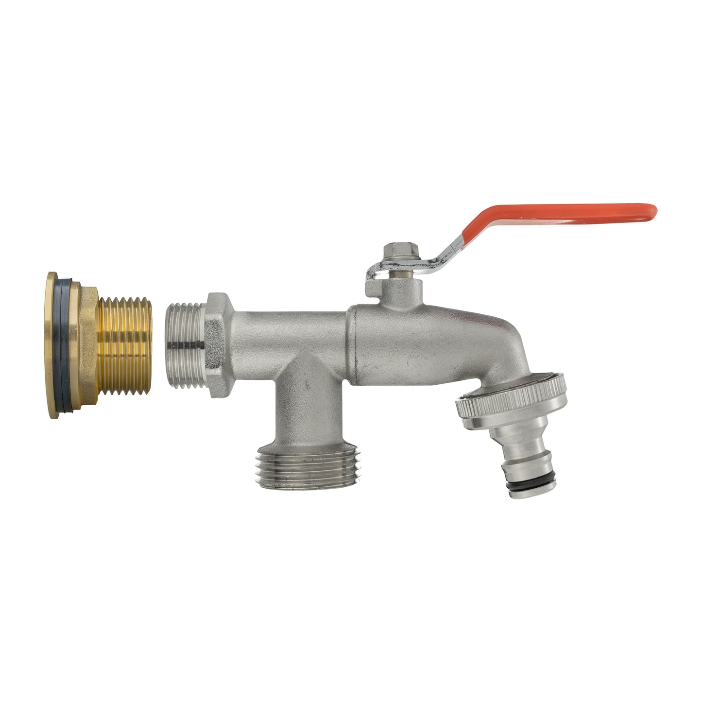 1" BSPM water butt brass kit with double tap, red-handled valve