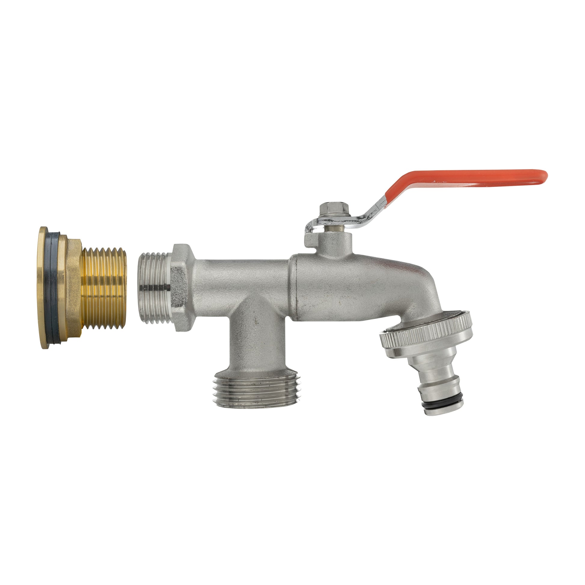 1" BSPM water butt brass kit with double tap, red-handled valve