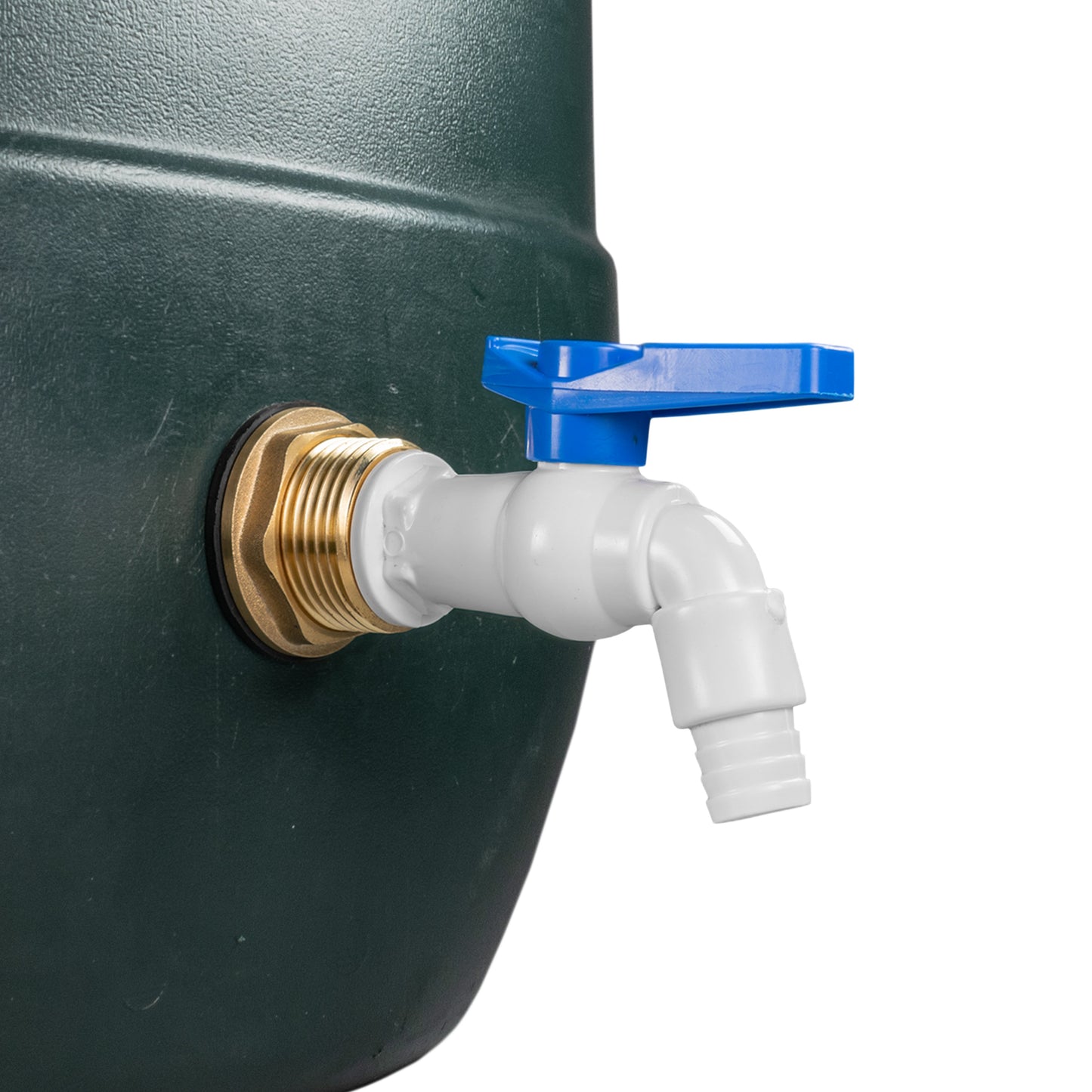 Brass and white water butt tap kit with blue lever, fitted on tank outlet