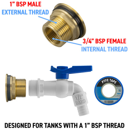 Water butt tap kit showing 1" BSP male thread and 3/4" BSP female internal thread