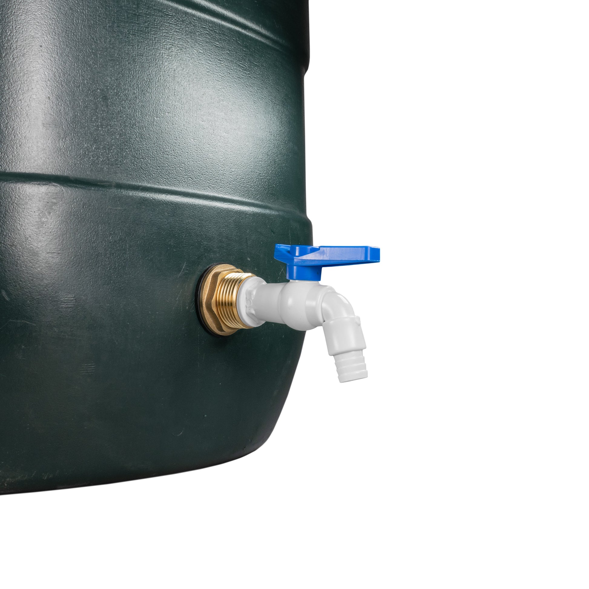 Tank tap connector with brass 1" BSP thread, white PVC spout and blue lever