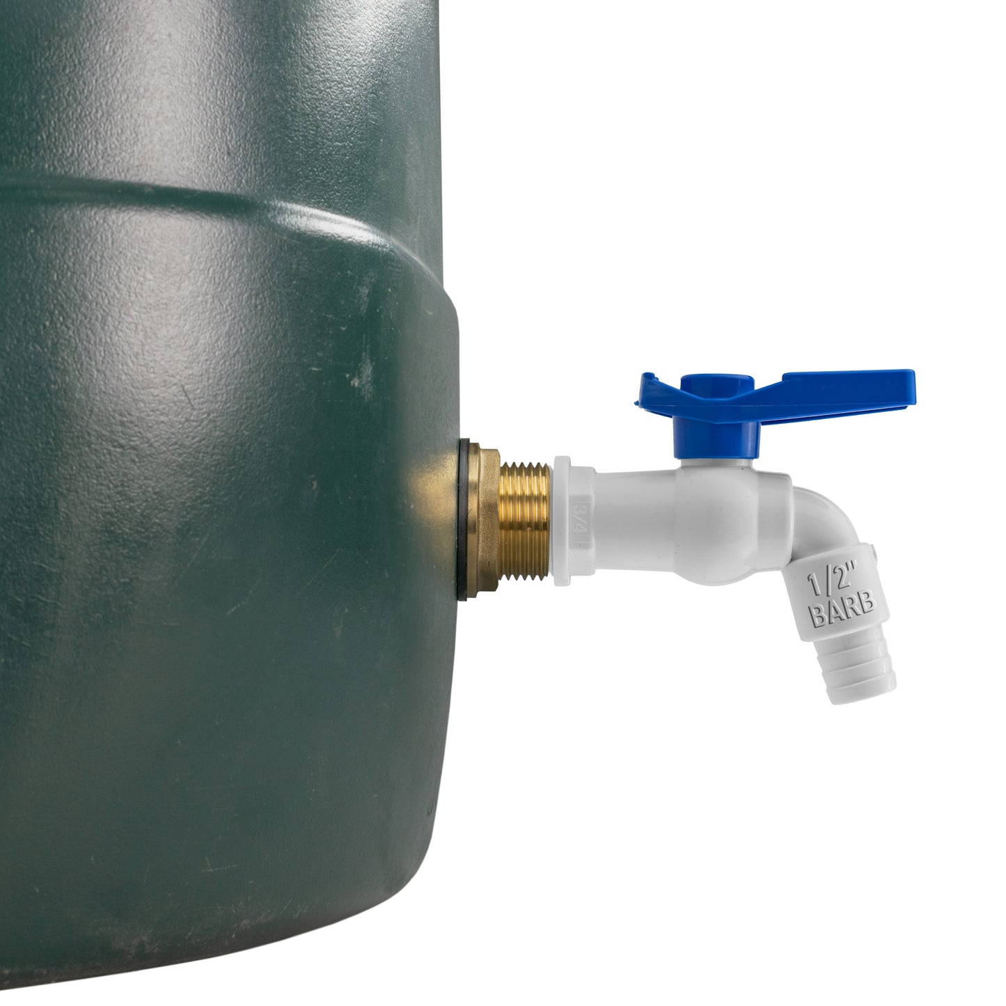 Close view of brass threaded inlet on white PVC water butt tap, blue handle