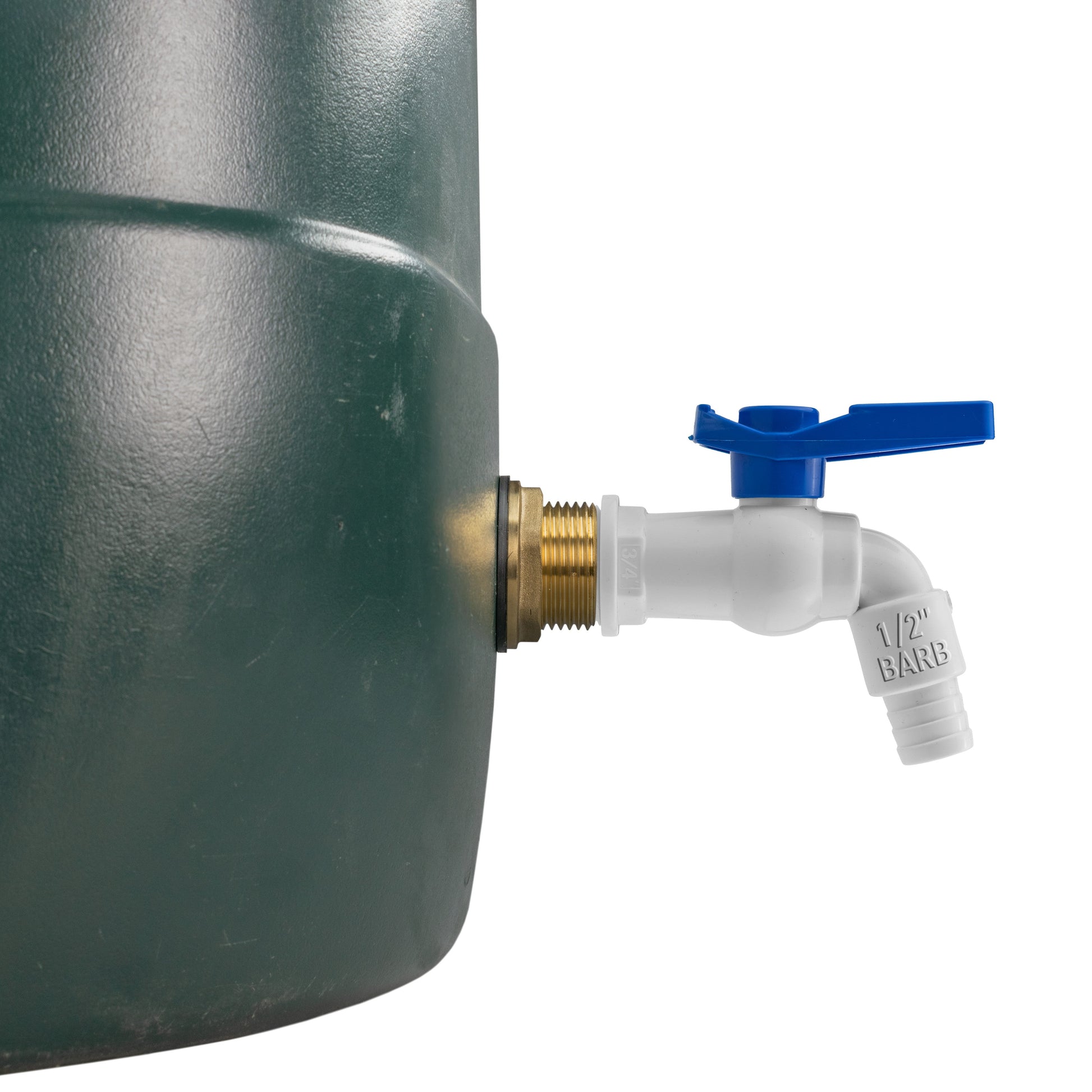 Close view of brass threaded inlet on white PVC water butt tap, blue handle