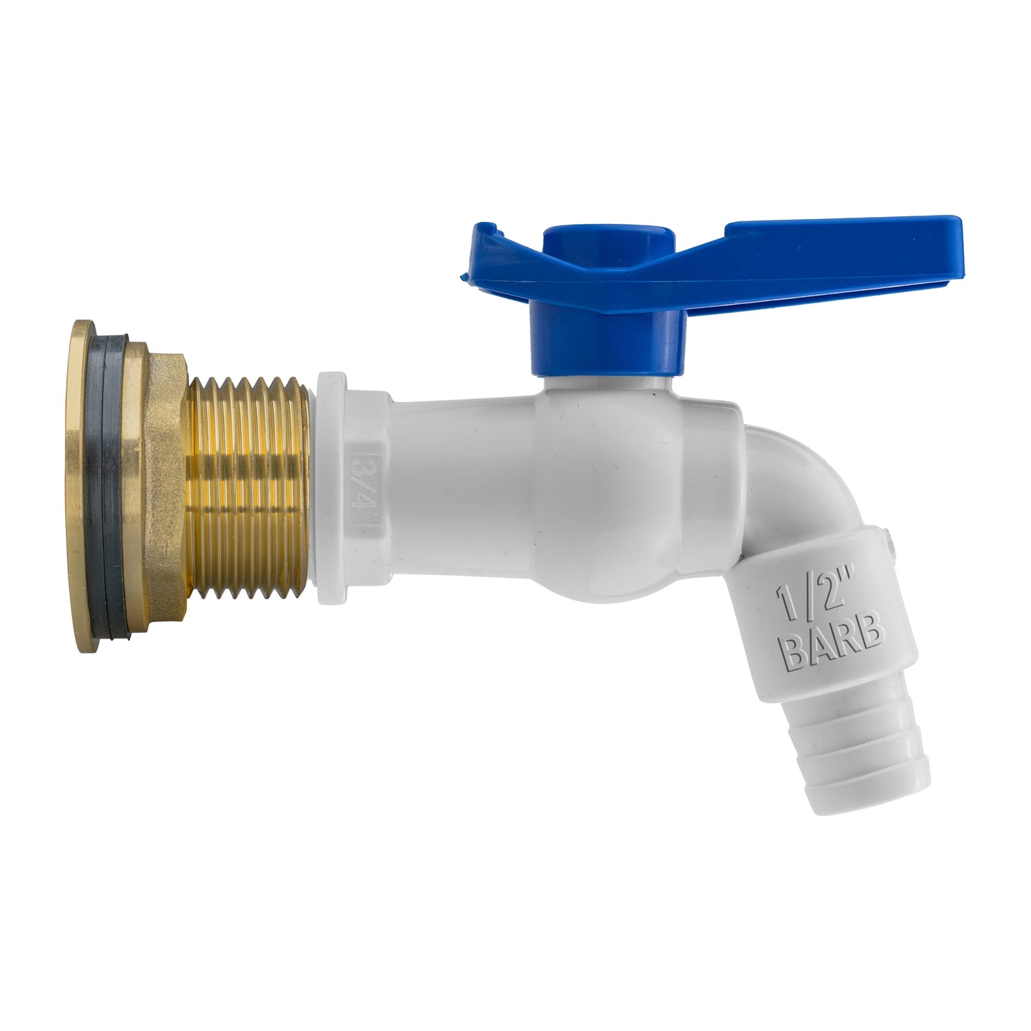 Water butt brass kit with 1" BSP outlet and white PVC tap, blue handle