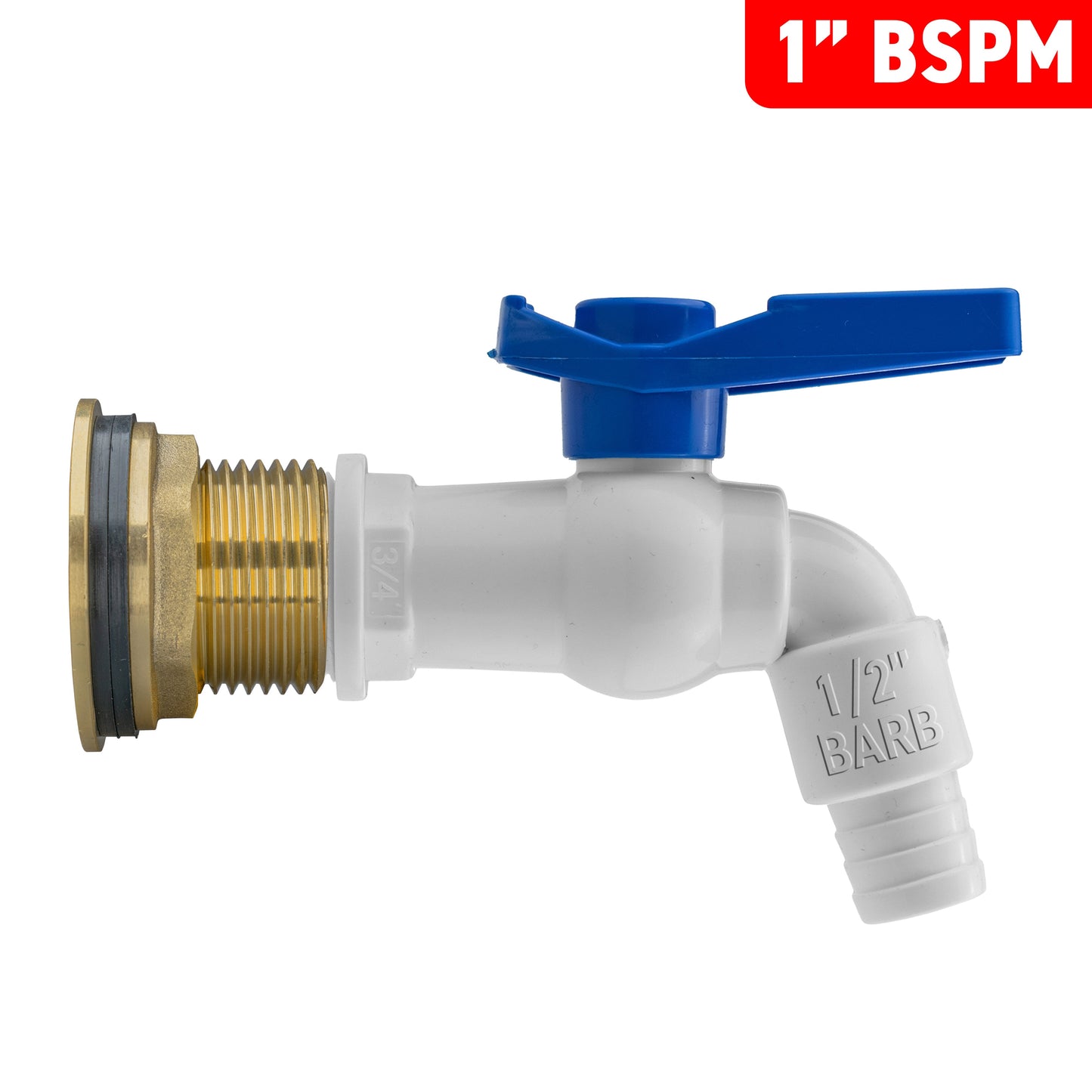 Water butt tap kit with 1" BSP connection, white PVC outlet and blue lever
