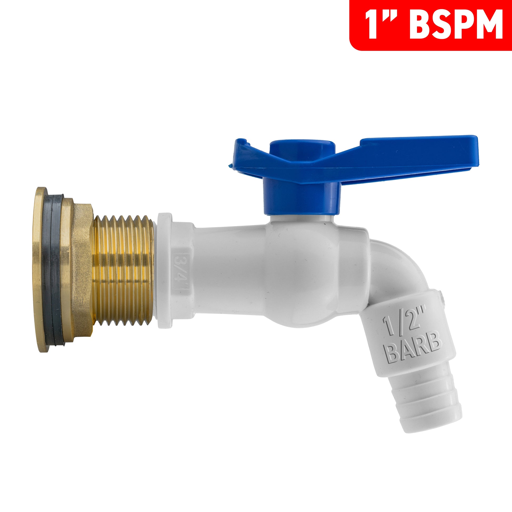 Water butt tap kit with 1" BSP connection, white PVC outlet and blue lever