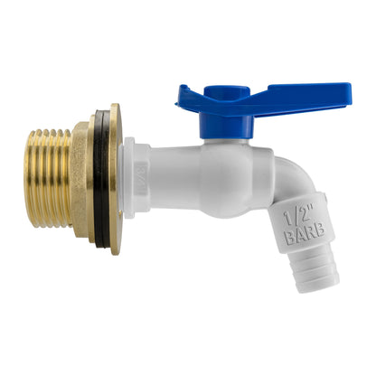 Water butt brass tap kit: 1" BSP thread connector, white PVC body and blue lever