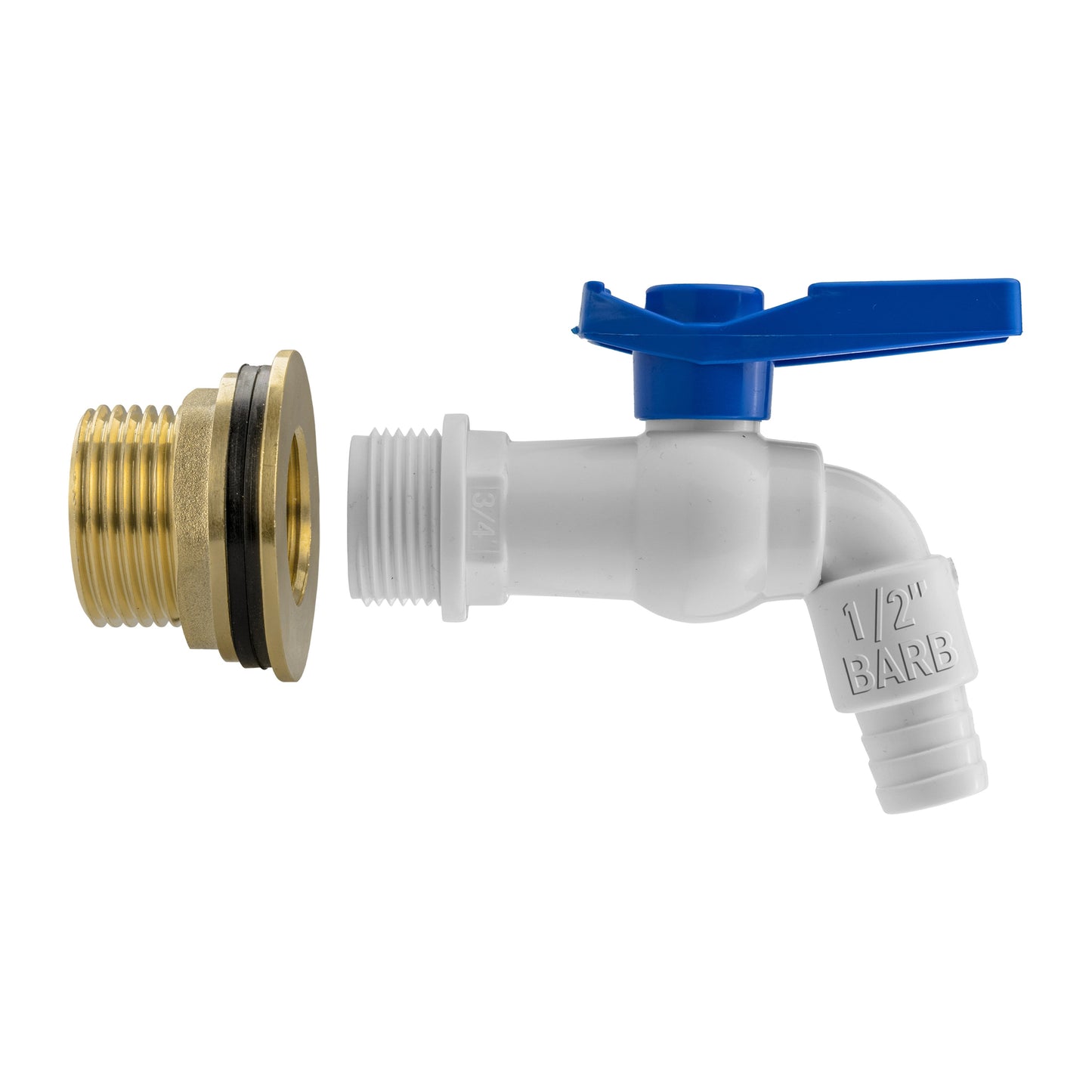 Water butt brass kit tap with white PVC body, brass inlet ring and blue lever
