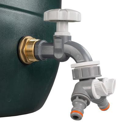 Grey-dial tap spigot kit with two-way splitter and push-fit outlet, close side view
