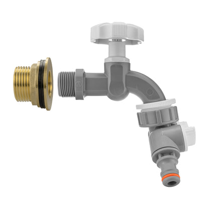1" brass water butt tap kit with grey dial and two-way splitter, grey connectors
