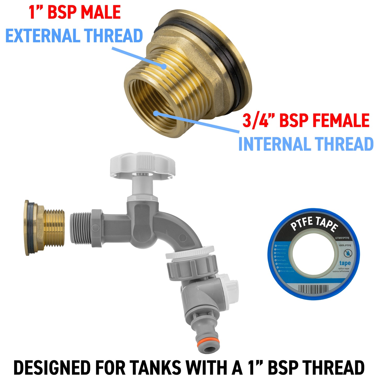 Brass threaded adapter: 1 in BSP male external and 3/4 in BSP female internal