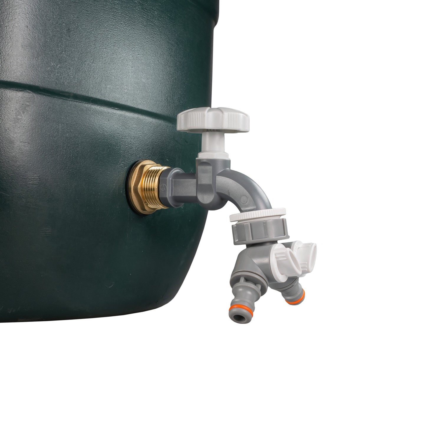 Grey-dial water butt tap adapter with brass inlet and two-way hose splitter, angled