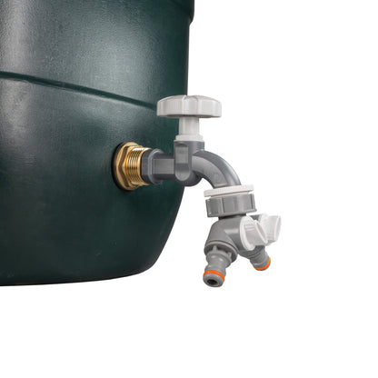 Grey-dial water butt tap adapter with brass inlet and two-way hose splitter, angled