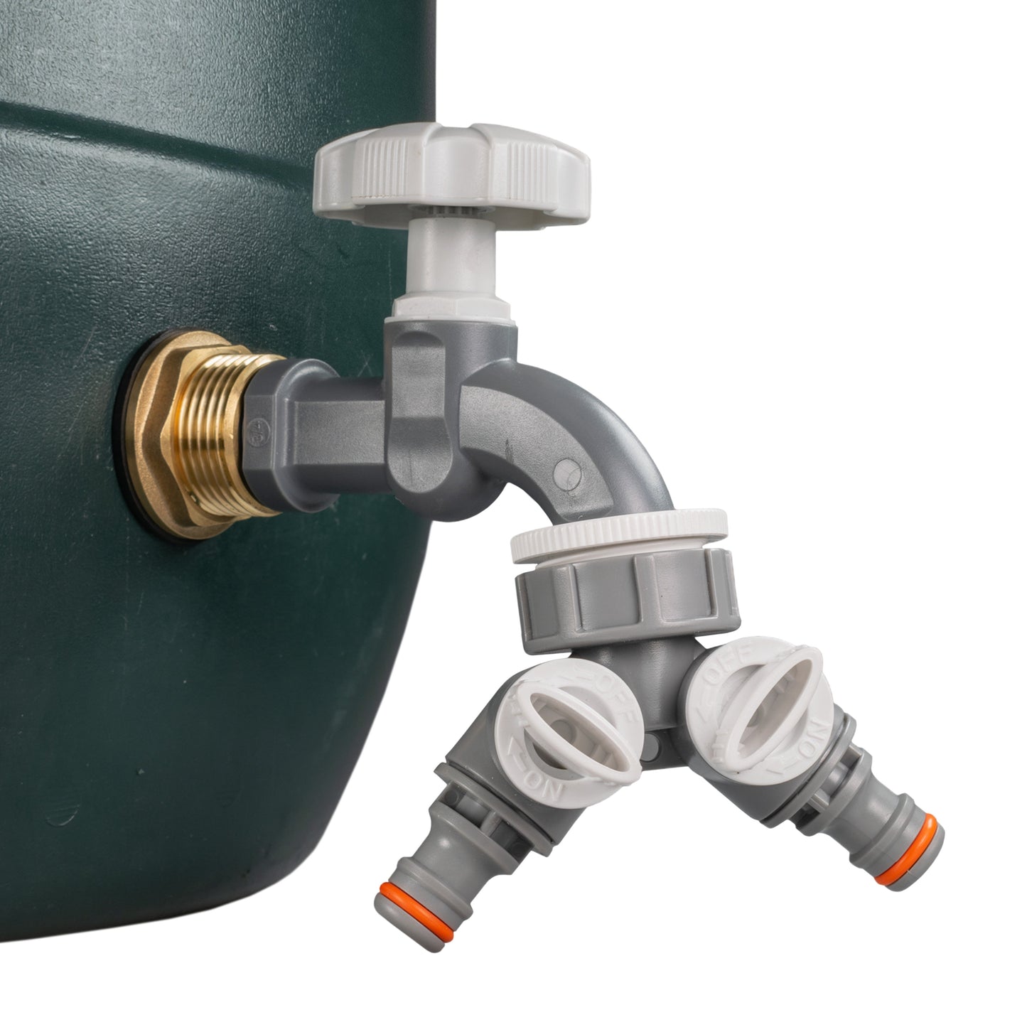Two-way splitter tap outlet with grey dial and brass inlet, mounted connection side