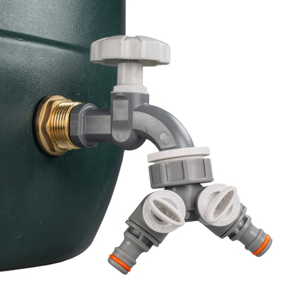 Two-way splitter tap outlet with grey dial and brass inlet, mounted connection side