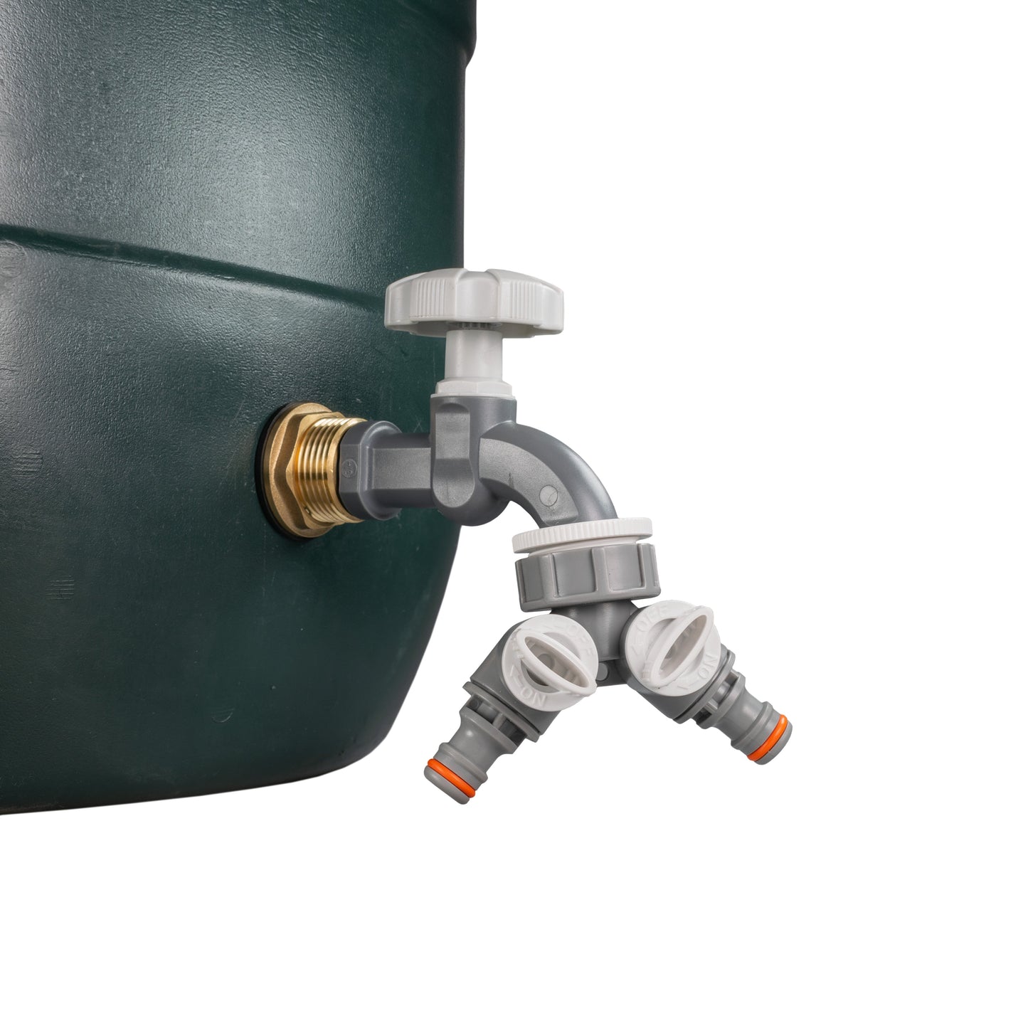 Two outlets with grey-dial tap adapter and brass inlet, dual splitter view