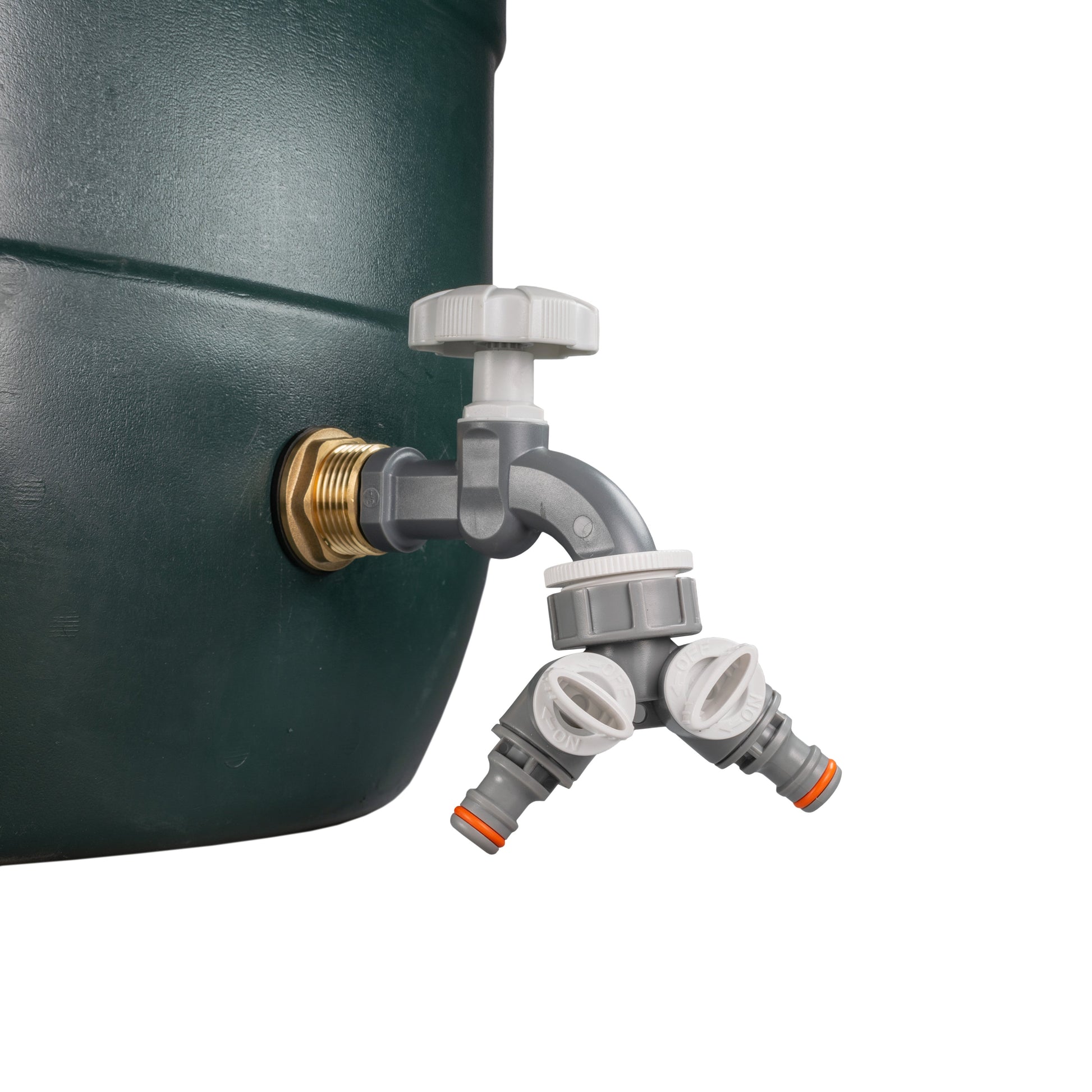 Two outlets with grey-dial tap adapter and brass inlet, dual splitter view