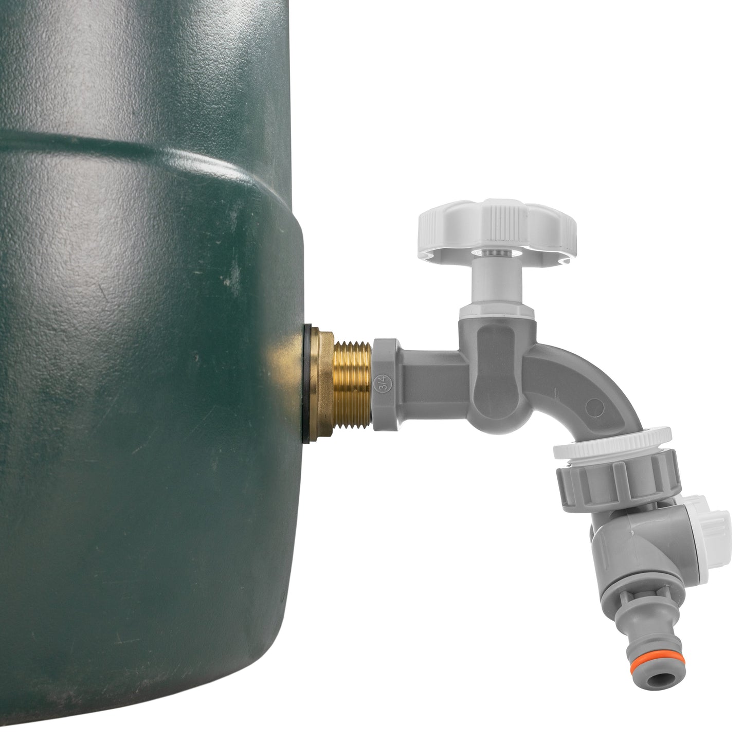 Water butt tap adapter with brass 1 in BSP inlet and grey dial, side connection