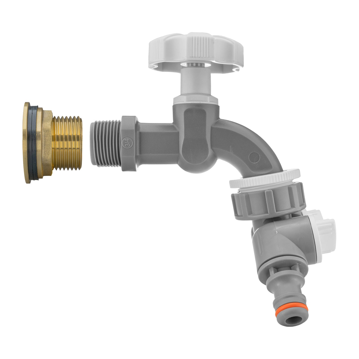 Brass and grey tap kit with two-way splitter and grey dial, front angled view