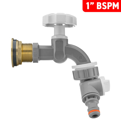 1 in BSPM water butt brass kit with grey dial tap and two-way splitter, front view