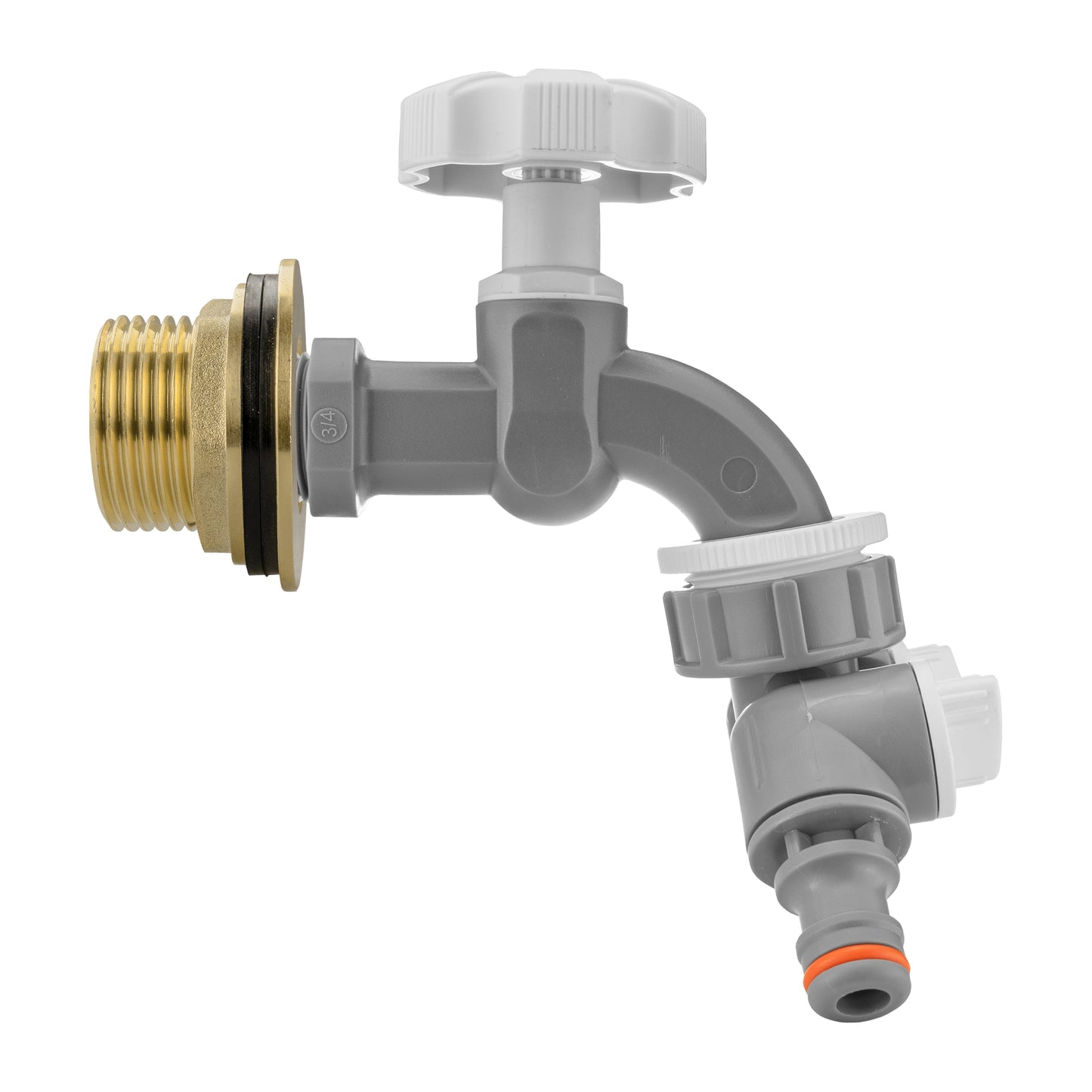 1 in BSP male brass inlet tap with grey dial and two-way splitter, close angled
