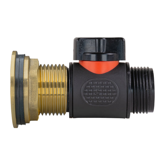 Water butt inline valve kit with brass ends, 1" BSP to 3/4" BSP; black body