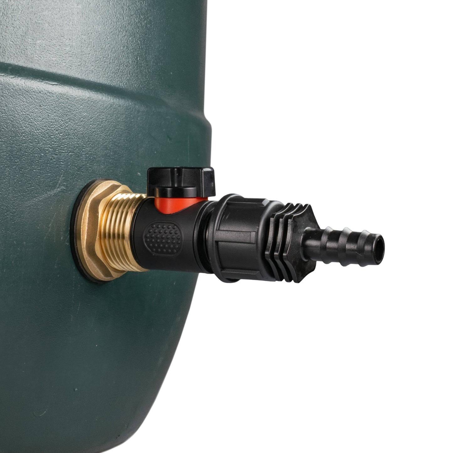 Inline valve with red lever, black fittings and 16mm barbed hose connector