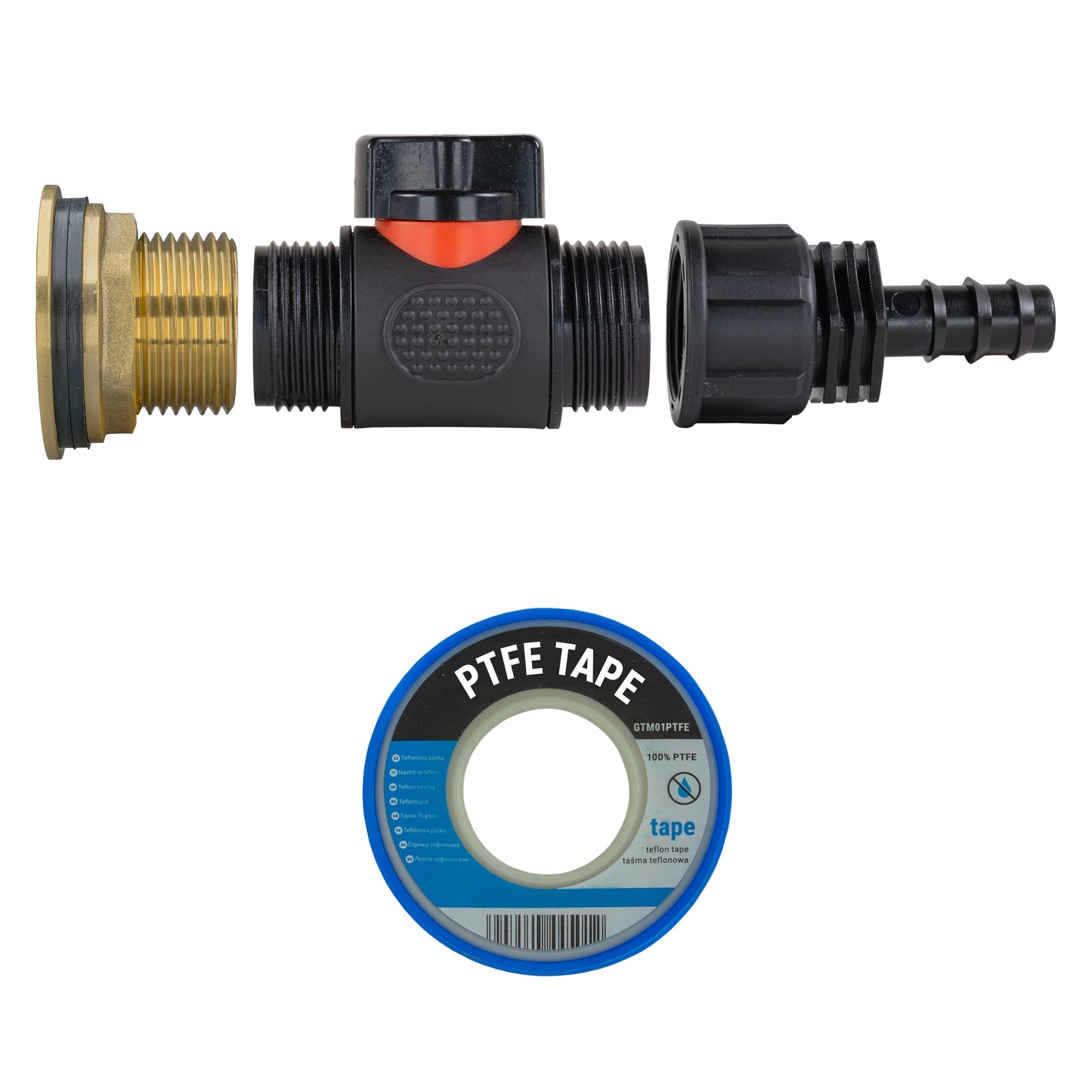 Brass inline valve kit with PTFE tape for 1" BSP thread and 16mm barb