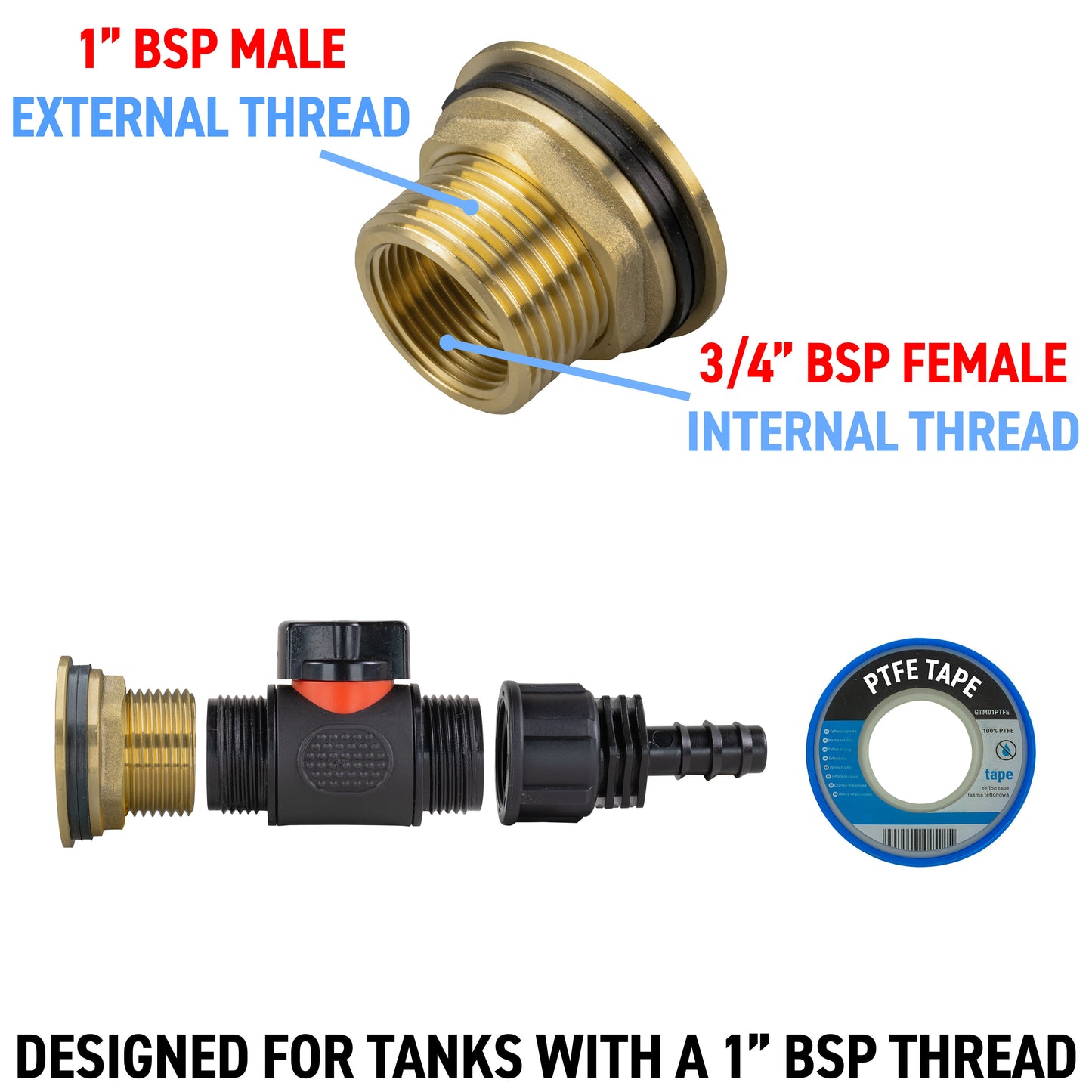 Brass adapter showing 1" BSP male external thread and 3/4" BSP female internal thread