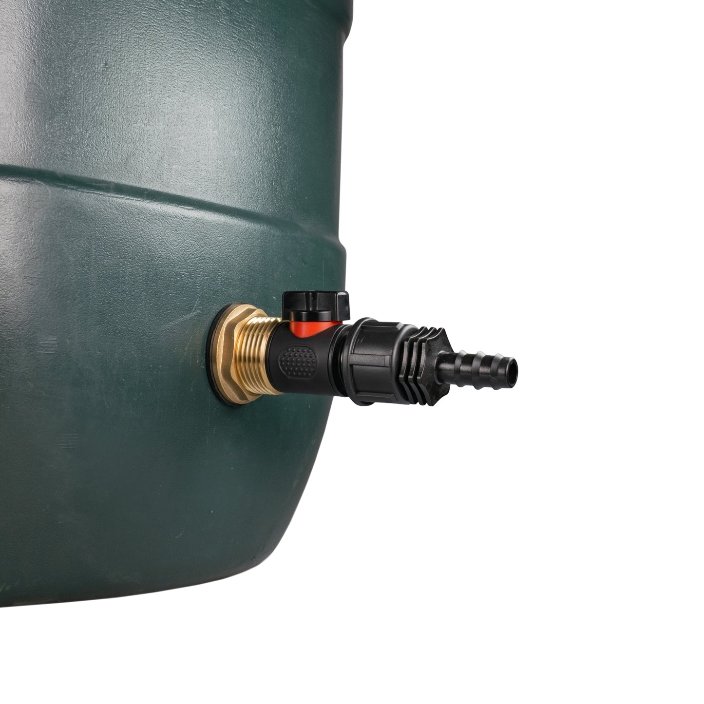 Water butt outlet fitting with brass 1" BSP thread and inline valve to 16mm barb