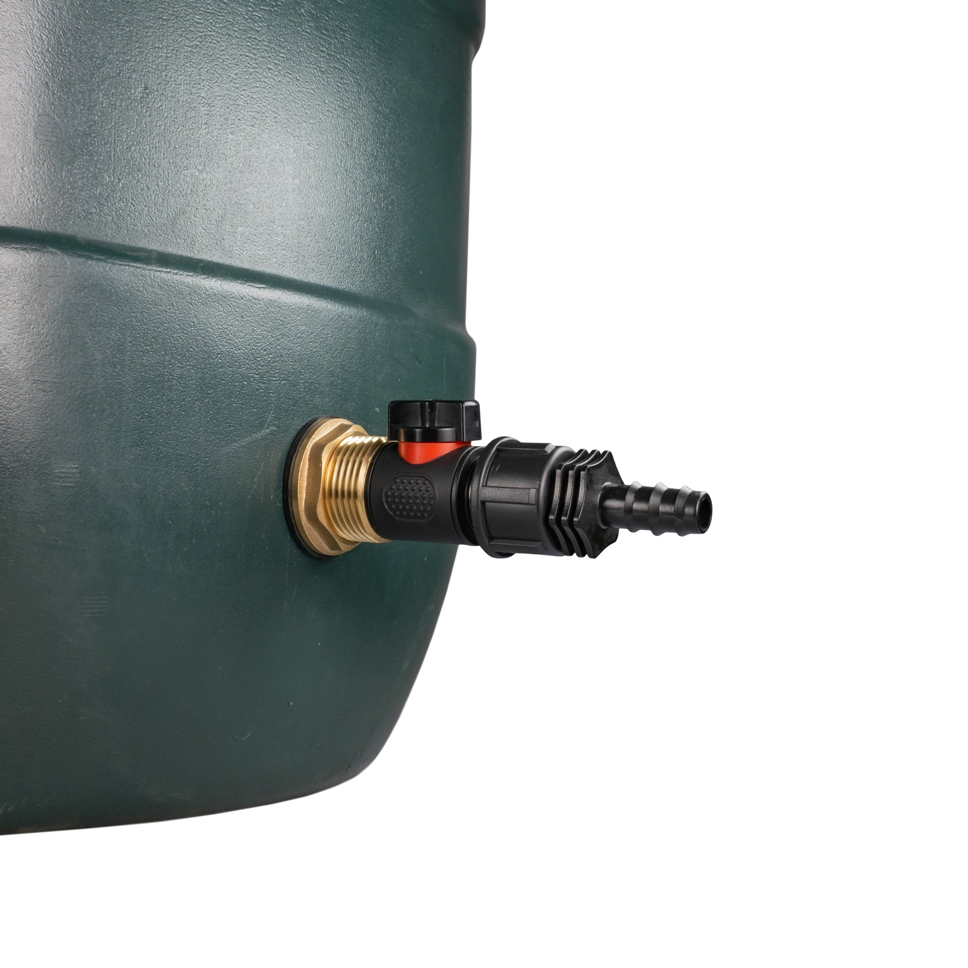Water butt outlet fitting with brass 1" BSP thread and inline valve to 16mm barb